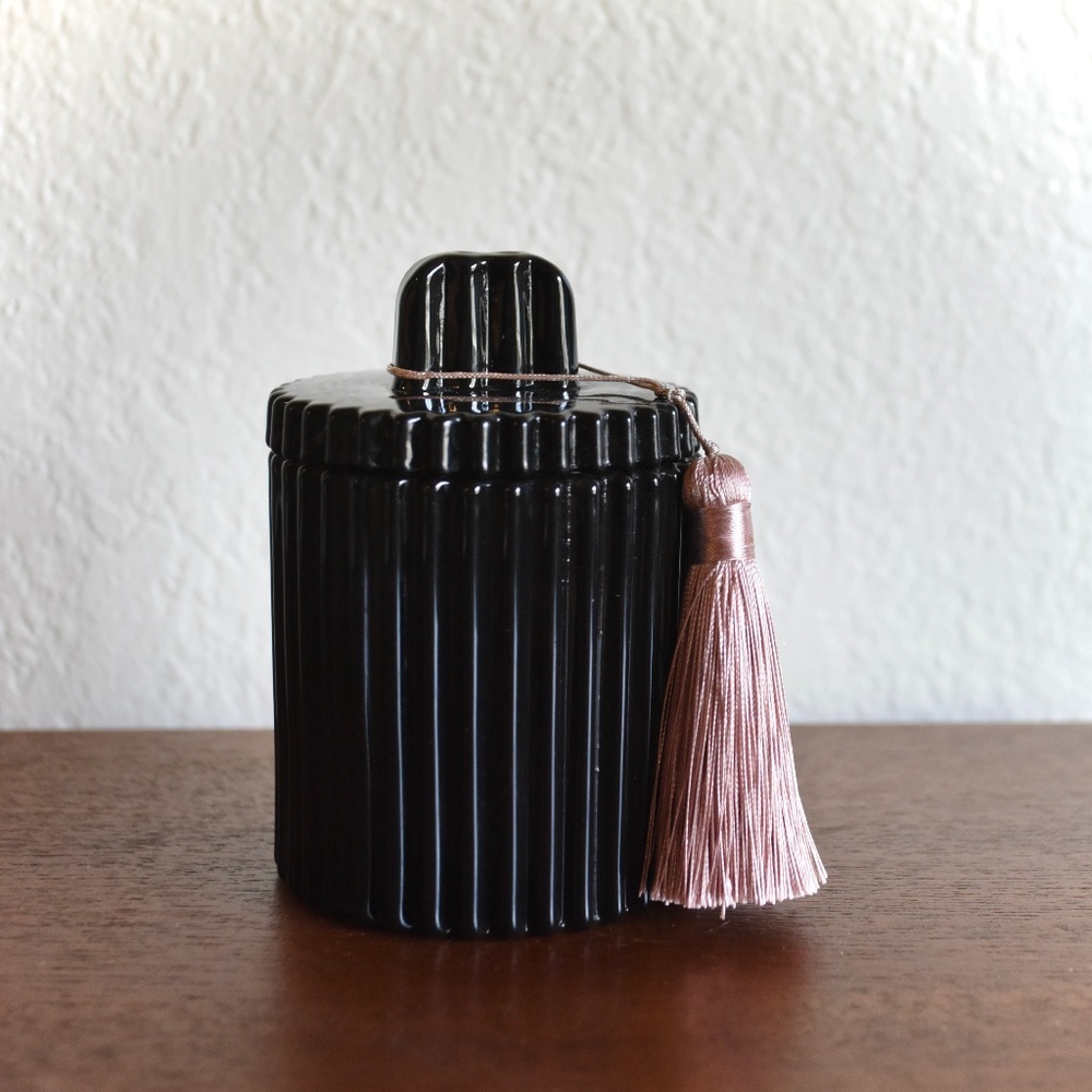 Lidded Emerald Glass Jar Container w/ Pink Tassel
